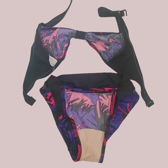 Vintage 90s High Cut Bikini Set Size XS Hot Pink Purple Black 2 Piece Halter - Picture 11 of 12